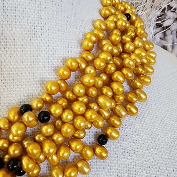 Multi Strand Freshwater Gold Pearl Necklace Choker 925 Sterling Silver Clasp - Picture 4 of 11